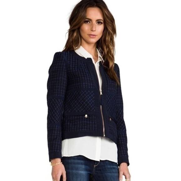 Marc Jacobs Cacey Tweed Work Jacket Zipper Front Black Navy Gold Size 4 Like New